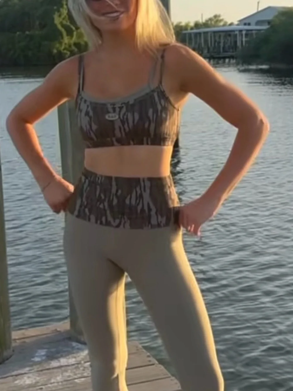 Olive High-Waist Flare Leggings with Camo Waistband